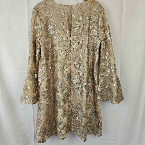 Badgley Mischka Belle Sequin Bell Sleeve Formal Mini Dress 12 Bridal Gown Gold - Picture 10 of 16